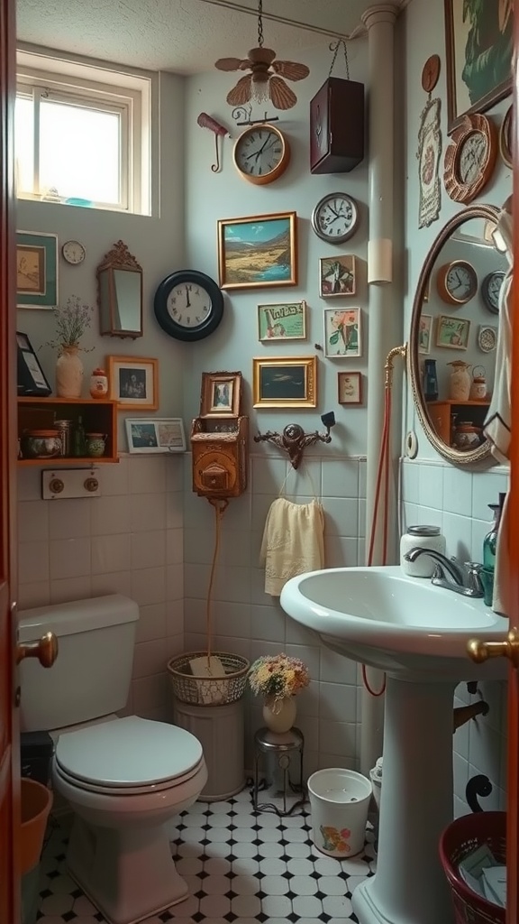 A vintage-themed bathroom decorated with an assortment of antique items, mirrors, and framed pictures.
