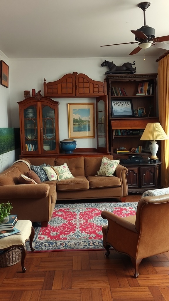 Cozy living room featuring a brown couch, vintage cabinets, and colorful decor