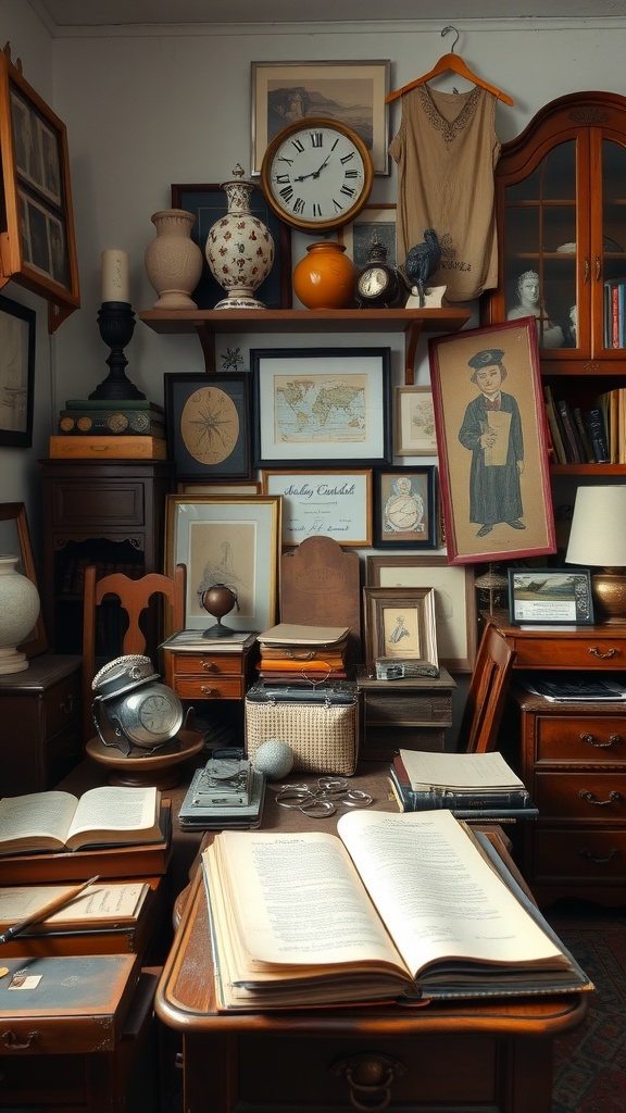 A cozy vintage home office featuring books, decor, and artifacts.