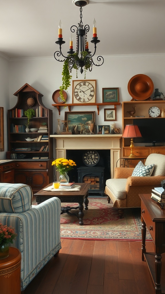 Cozy modern farmhouse living room with vintage decor, including a chandelier, bookshelf, and comfortable seating.