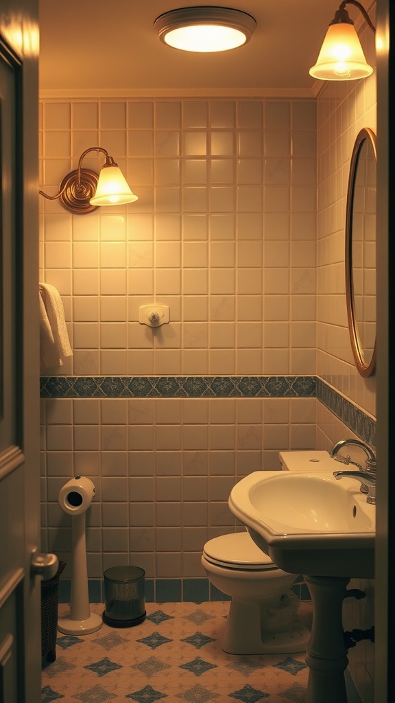 Cozy bathroom with vintage lighting fixtures and warm illumination.