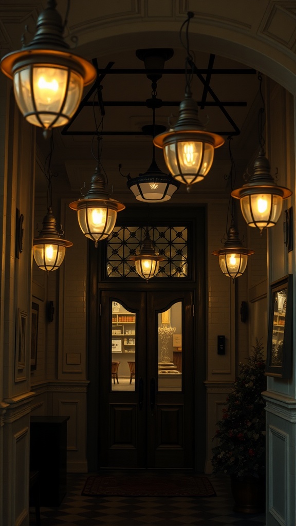 Entrance hall with vintage lanterns hanging from the ceiling, illuminating a dark space.