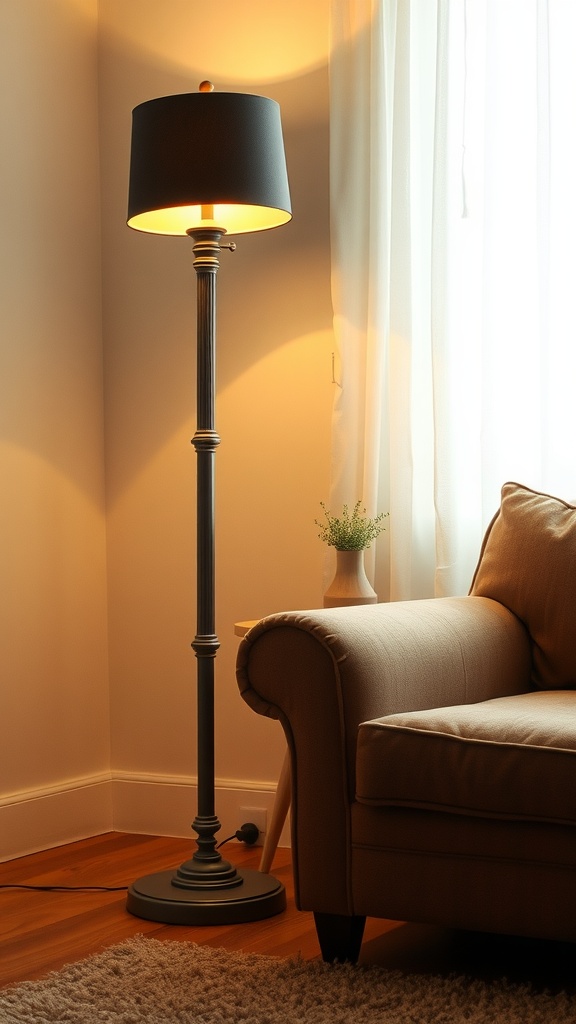 A vintage floor lamp next to a cozy couch in a well-lit living room.