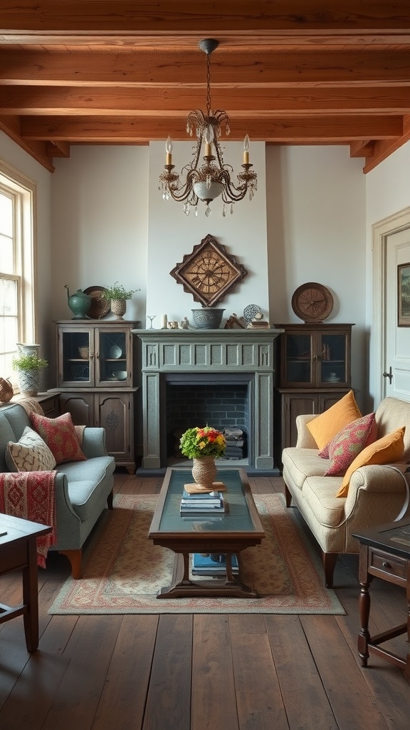 Cozy farmhouse living room with vintage furniture, two sofas, a coffee table, and a decorative fireplace