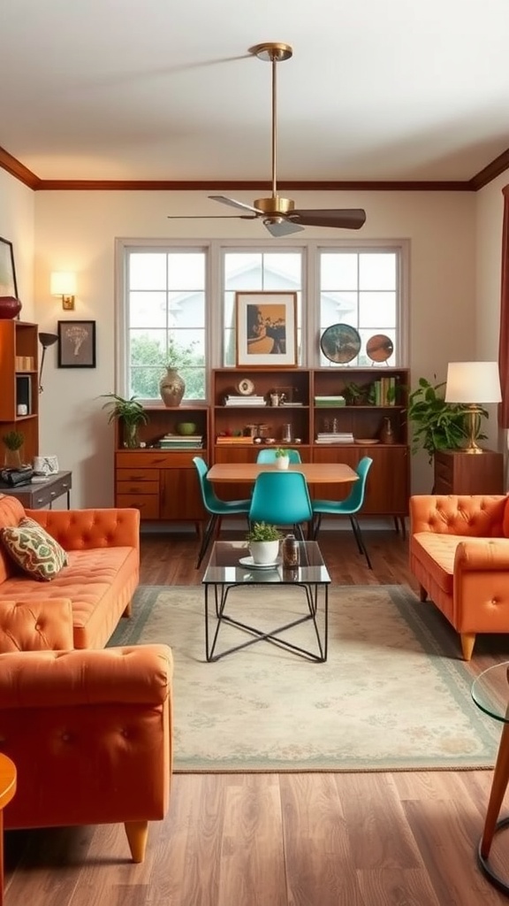 A cozy living room-dining room combo featuring orange vintage sofas, teal dining chairs, and a wooden shelving unit.