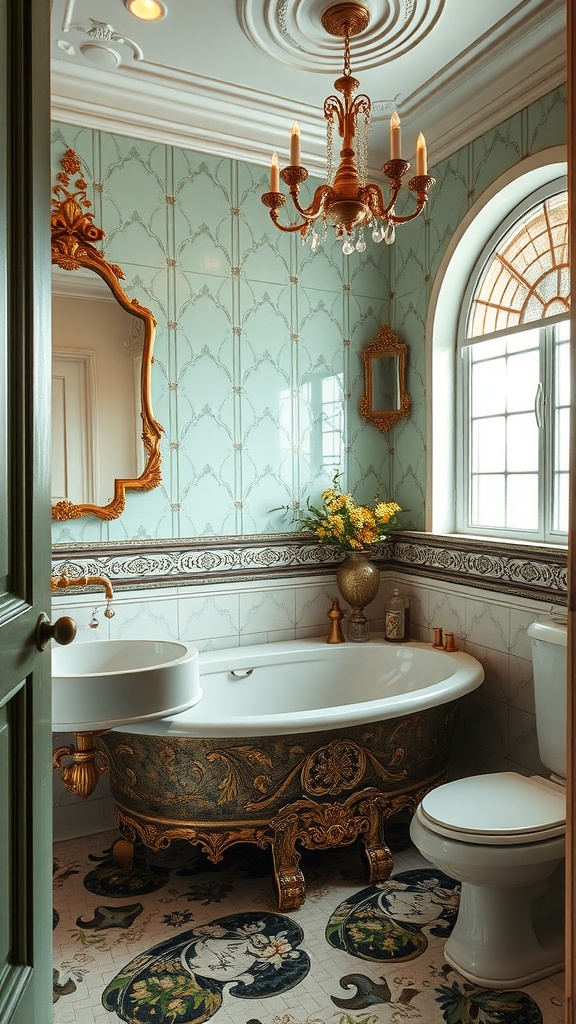 A stylish vintage glam bathroom featuring a freestanding bathtub, ornate chandelier, and mint green walls.