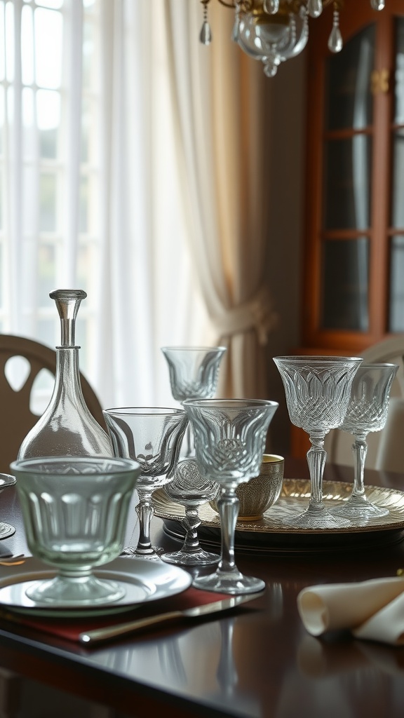 A collection of vintage glassware on a dining table, featuring goblets and a decanter.