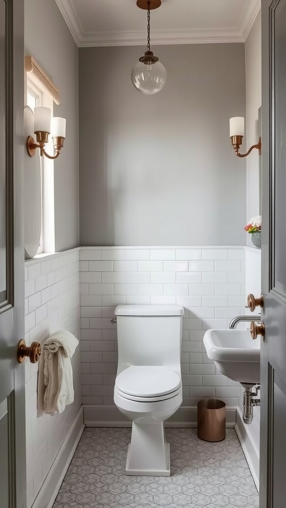 A vintage gray bathroom with white subway tiles, gray walls, and vintage fixtures.