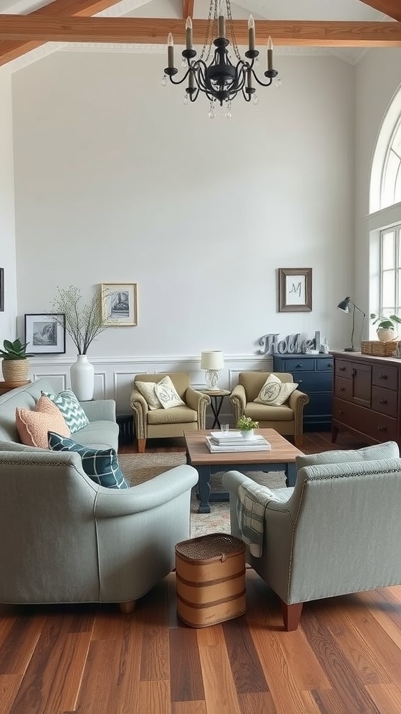 A modern farmhouse living room with vintage grey furniture, showcasing a soft grey sofa and accent chairs, wooden flooring, and decorative elements.