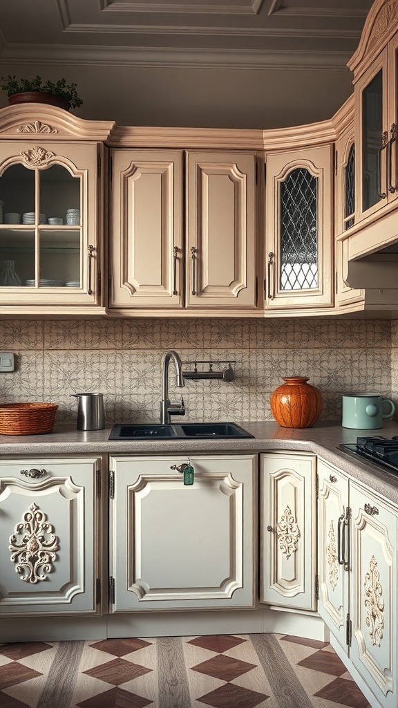 Vintage inspired kitchen cabinetry with intricate details and glass doors