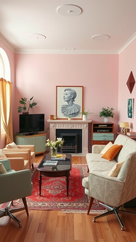 A vintage-inspired living room with pink walls, retro furniture, and warm accents.