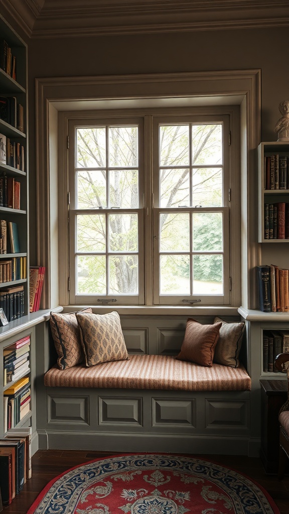 A vintage inspired library with a cozy window seat, antique bookshelves, and warm lighting