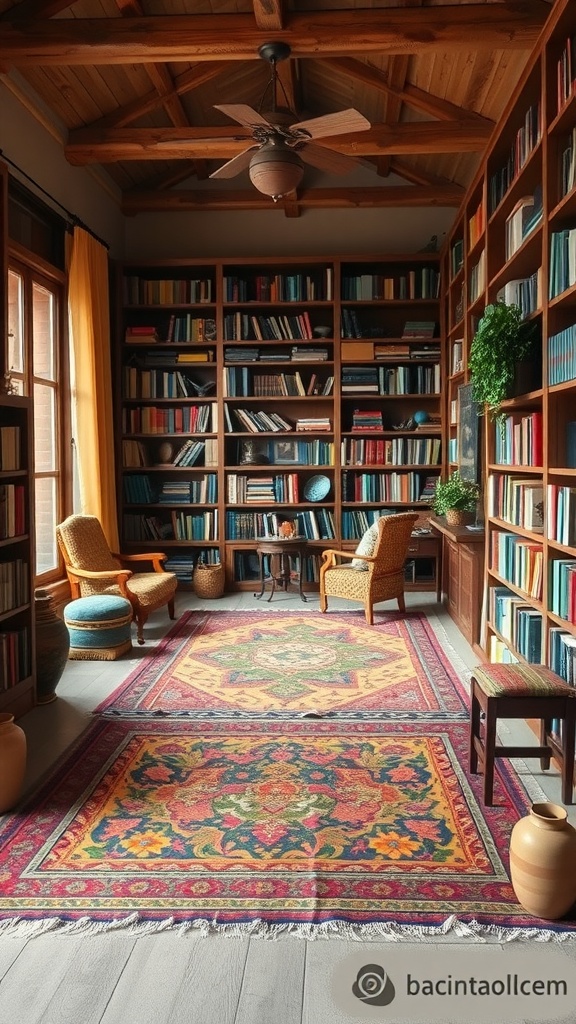 A cozy library featuring vintage Kilim rugs, wooden shelves filled with books, and comfortable seating.
