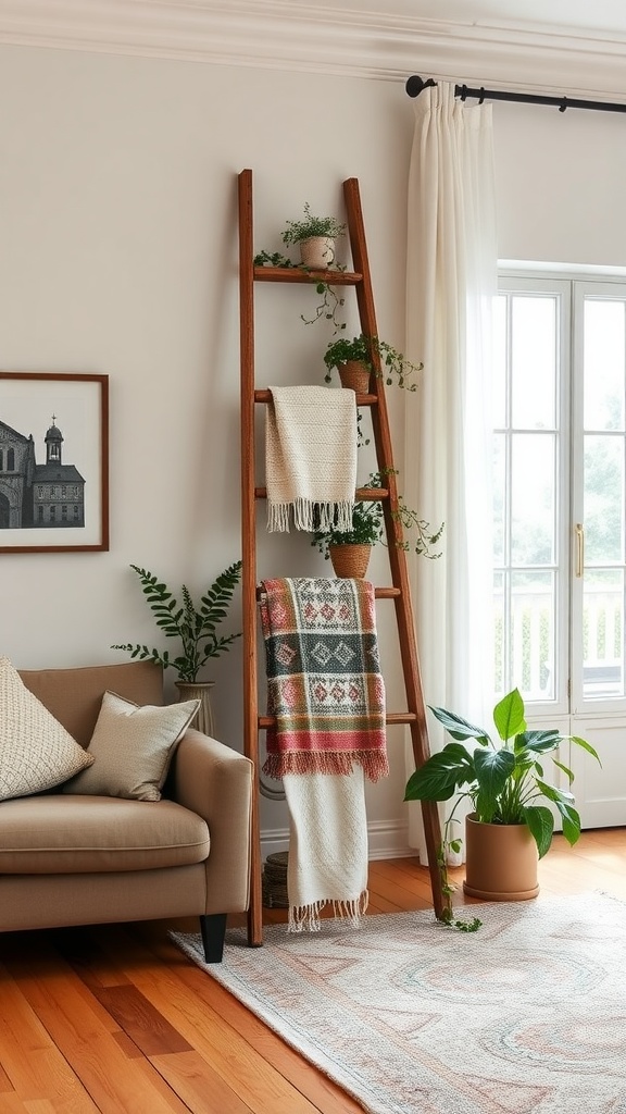 A vintage wooden ladder used for decor in a cozy living room, adorned with blankets and potted plants.