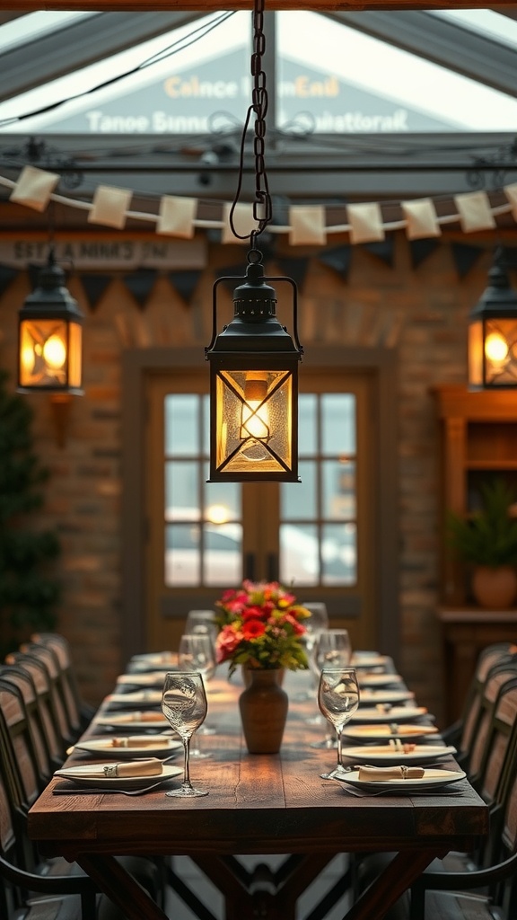 A beautifully arranged farmhouse dining room featuring vintage lantern lighting above a wooden table with floral centerpiece.