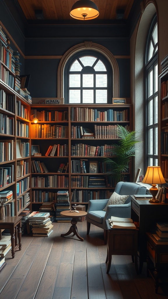 A cozy reading corner resembling a vintage library with bookshelves, a chair, and warm lighting.