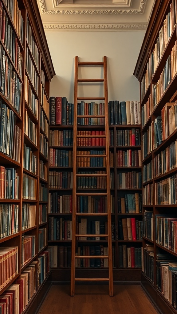 A vintage wooden library ladder in a cozy home library surrounded by bookshelves filled with colorful books.