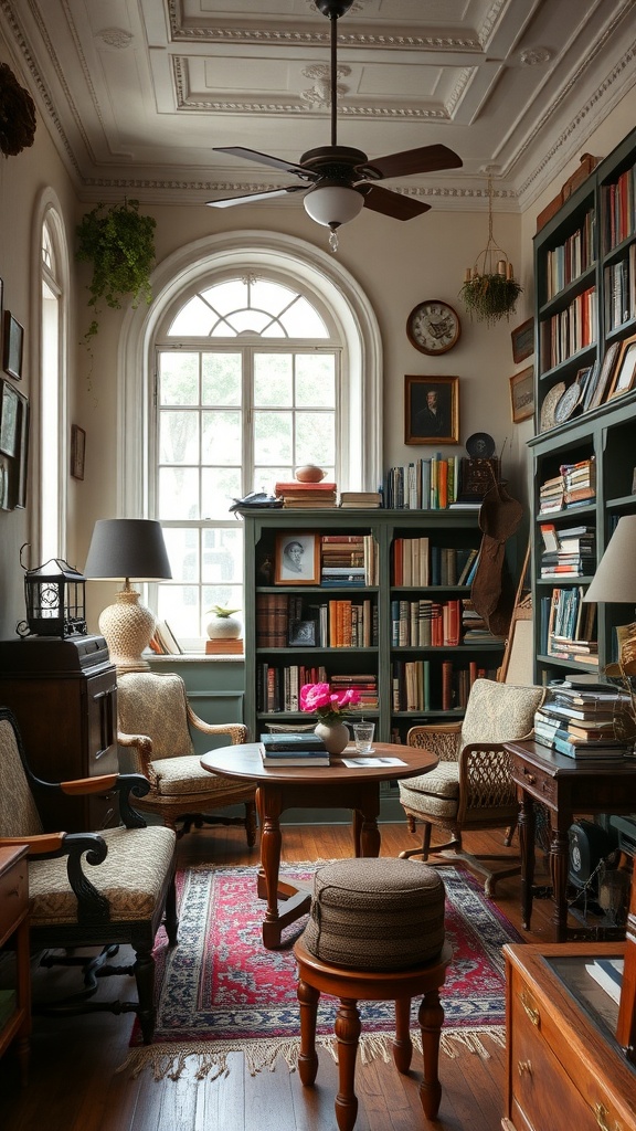 A vintage library with antique decor, featuring bookshelves, cozy seating, and warm lighting.
