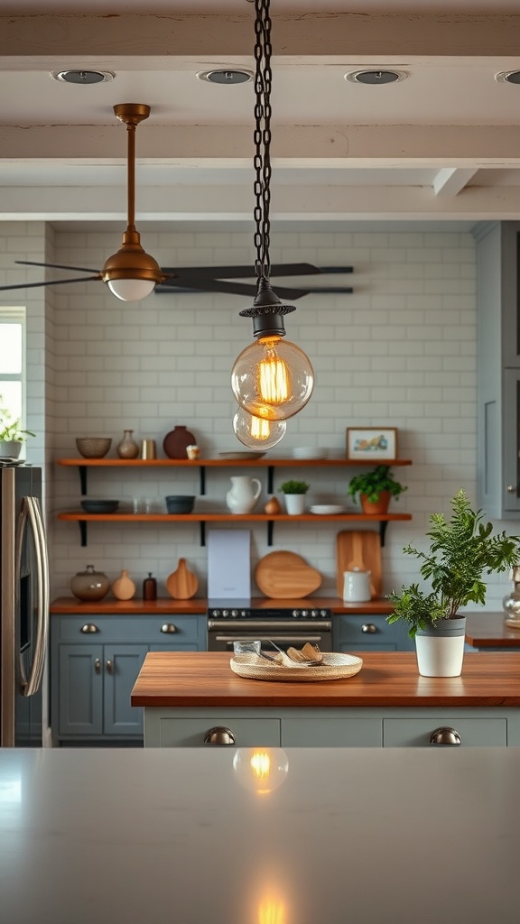 A cozy kitchen with vintage pendant lighting and modern decor.