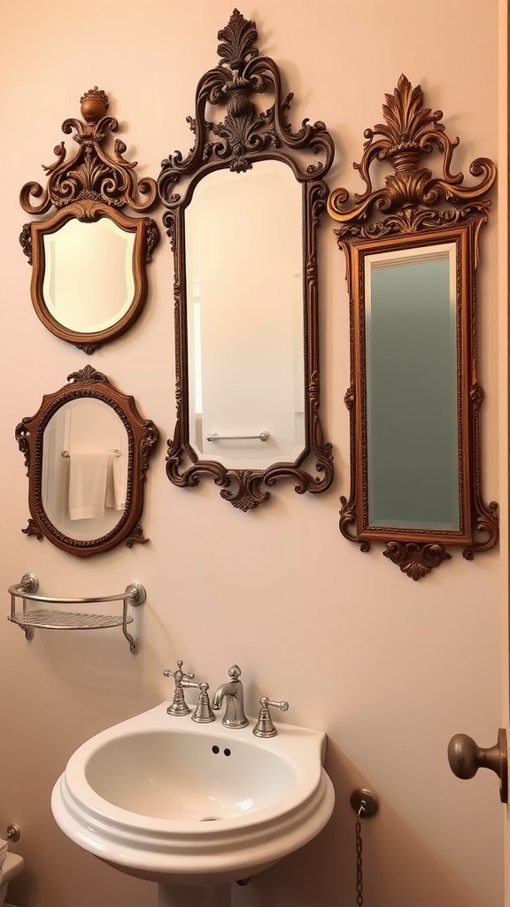 A collection of vintage mirrors in ornate frames displayed on a bathroom wall.