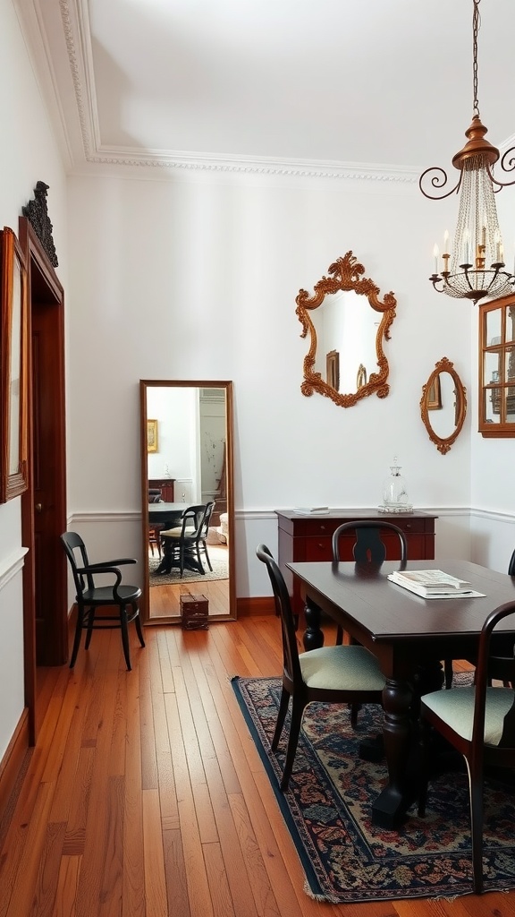 A cozy vintage dining room featuring multiple decorative mirrors and wooden furniture.