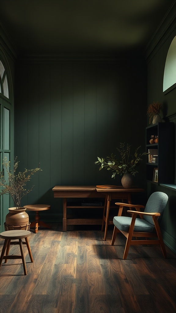 A cozy room with Vintage Olive walls, wooden furniture, and plants, showcasing a nature-inspired atmosphere.