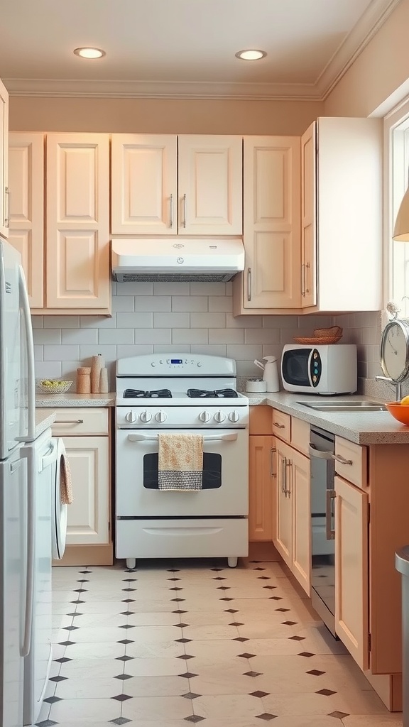 A vintage style kitchen with painted cabinets and modern appliances.