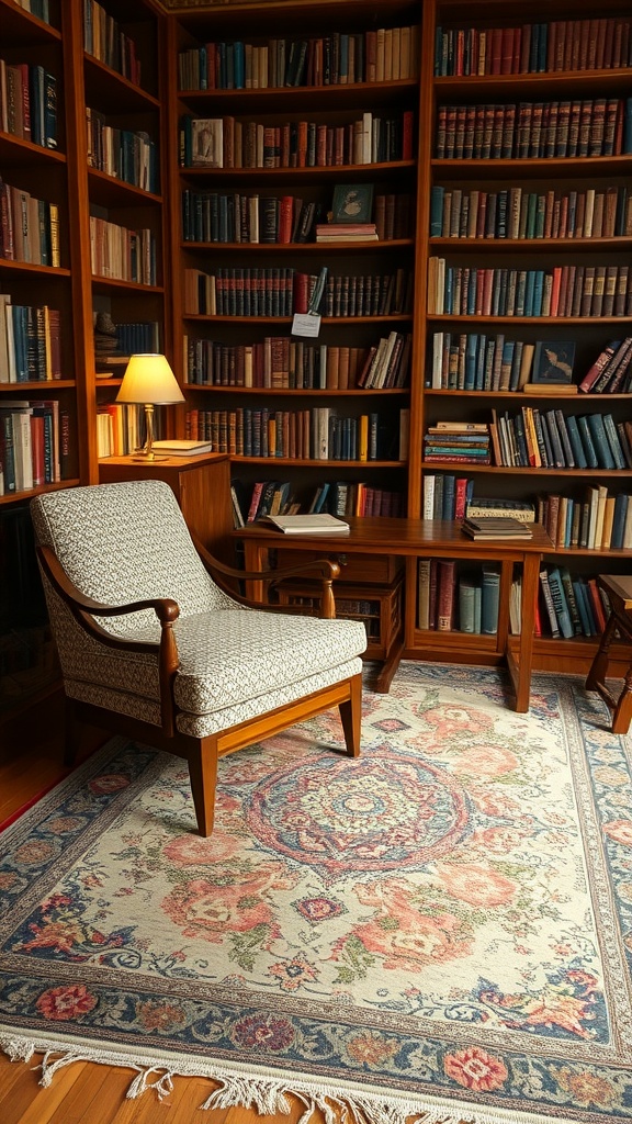 A cozy reading nook featuring a vintage Persian rug, wooden bookshelves filled with books, a comfortable chair, and a warm lamp.