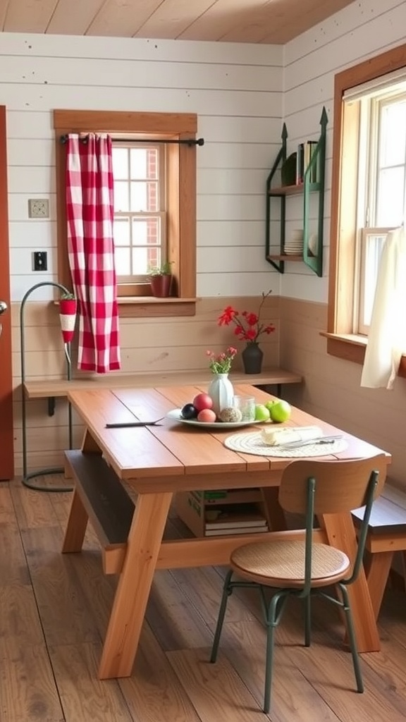 Cozy dining nook featuring a vintage picnic table style with fruit and flowers on the table, surrounded by light wooden decor.