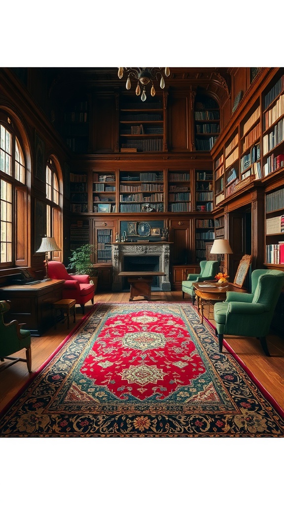 A vintage rug in a library setting, adding warmth and character to the space.