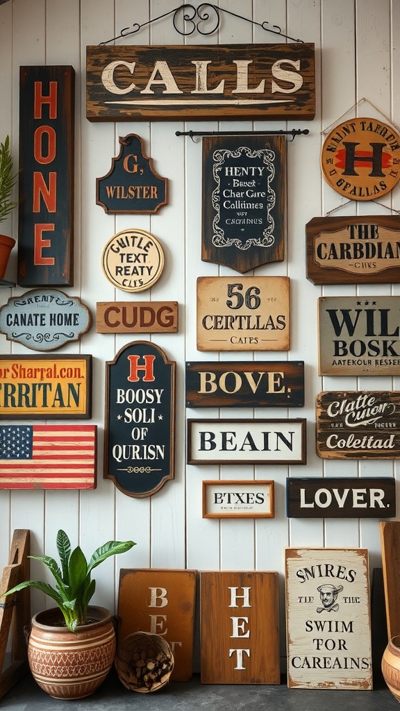 A collection of vintage signs and banners displayed on a wall, featuring various styles and messages, adding rustic charm to a living room.