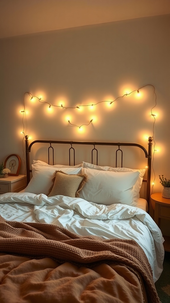 Cozy boho bedroom with vintage string lights above the bed