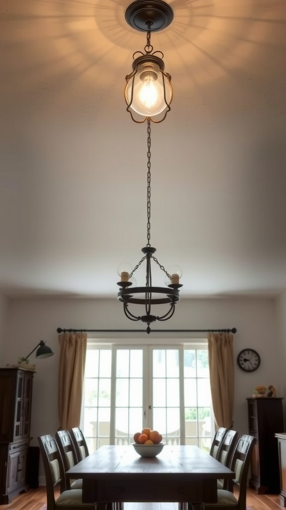 A dining room with vintage-style lighting fixtures and a wooden table.