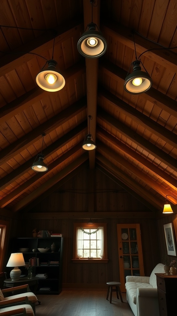 Cozy room with vintage style recessed lighting on a sloped wooden ceiling.