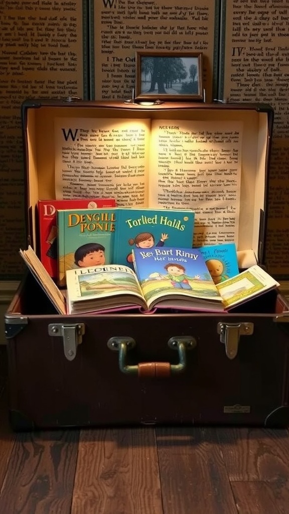 A vintage suitcase filled with colorful children's books, illuminated and open, showcasing a cozy reading nook.