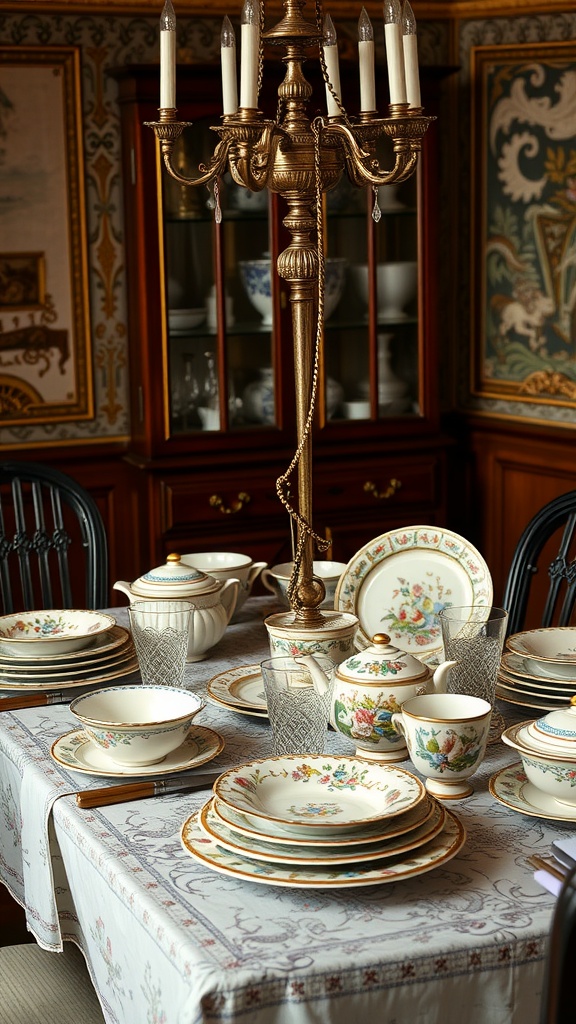 A vintage dining table set with floral china, crystal glassware, and a decorative chandelier, creating a cozy atmosphere.