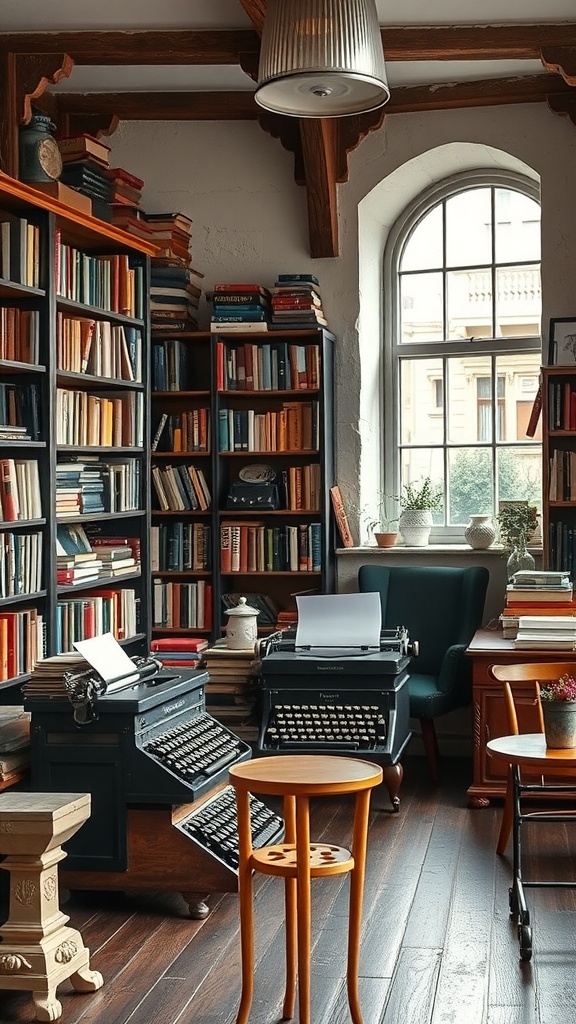 A cozy home library featuring vintage typewriters and bookshelves filled with books.