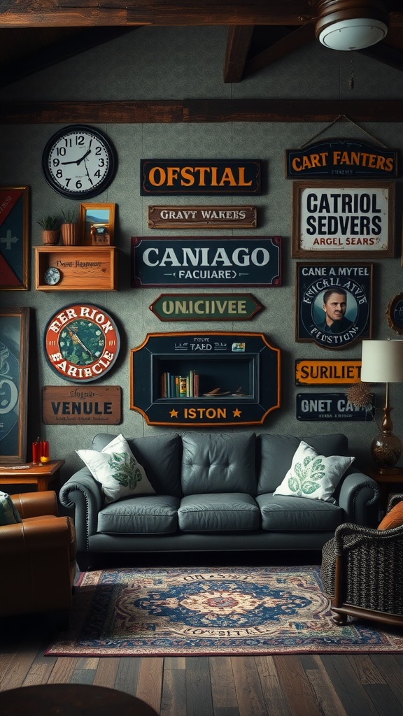 A cozy living room with wall-mounted antiques, including vintage signs and a clock, creating a warm and inviting atmosphere.
