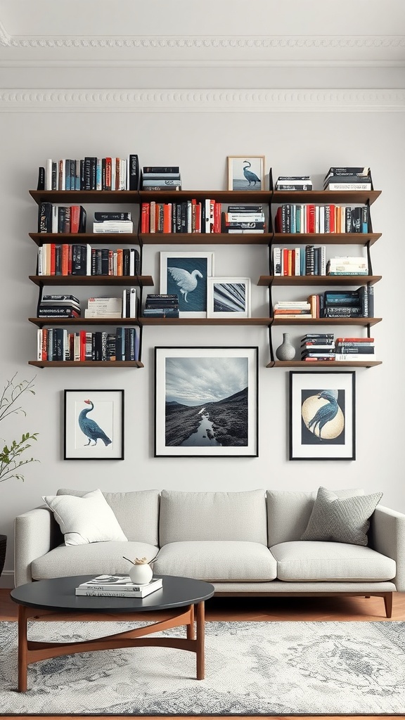 Stylish wall-mounted book display with floating shelves and framed artwork.