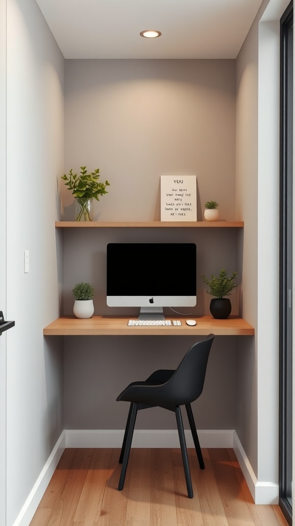 A compact wall-mounted desk setup in a tiny home office with a computer, plants, and motivational note.