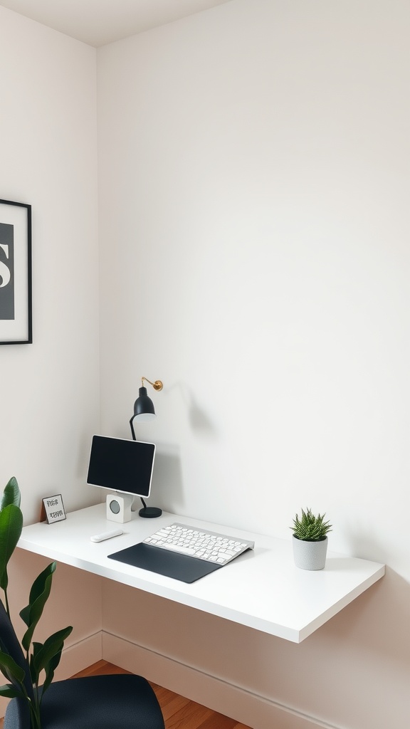 A wall-mounted desk in a small office corner with a computer, lamp, and plant.