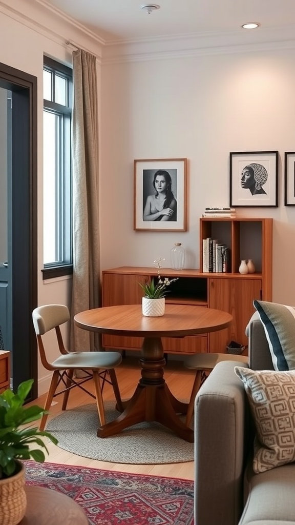 Cozy small living room with a wall-mounted drop-leaf table and stylish decor.