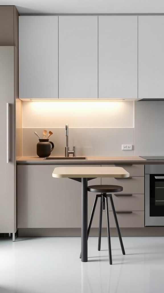 A minimalist kitchen featuring a wall-mounted drop leaf table and a stool.