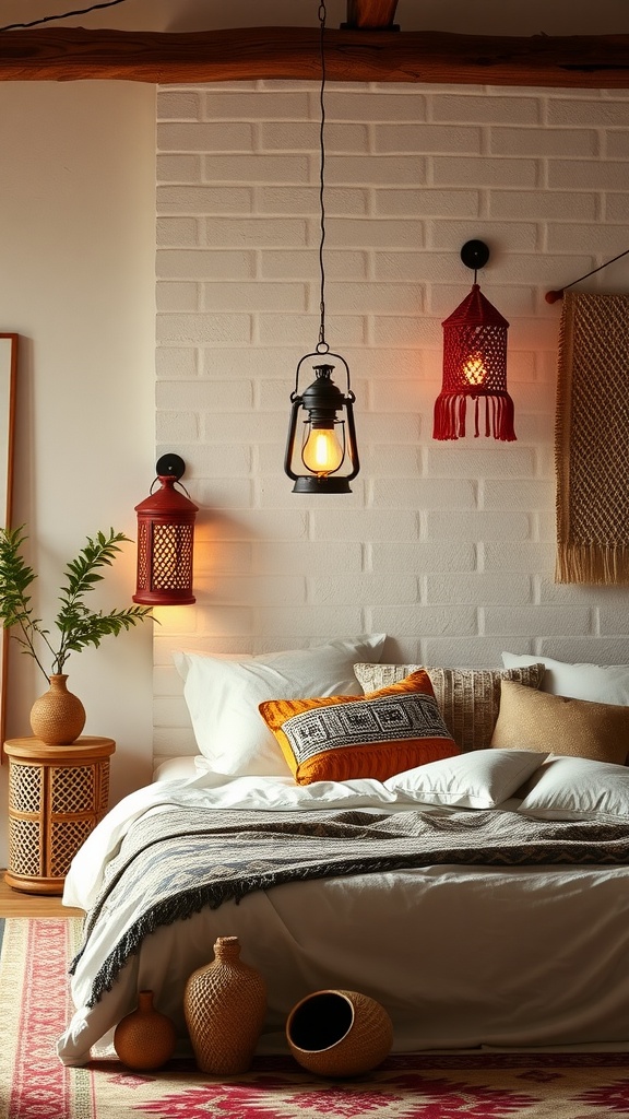 Boho bedroom featuring wall-mounted lanterns with a cozy decor