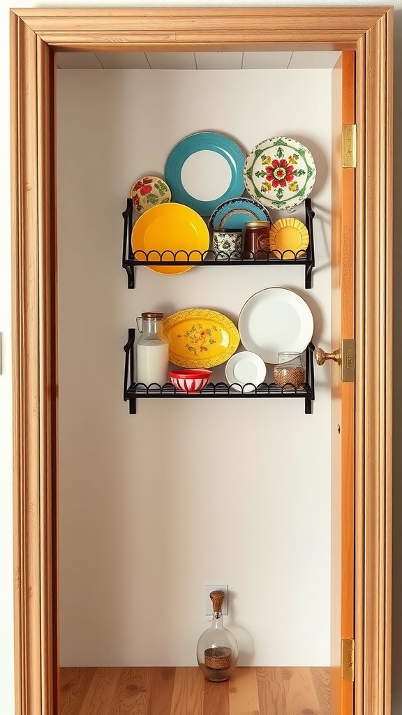 A wall-mounted plate rack on a pantry door displaying colorful plates and jars.
