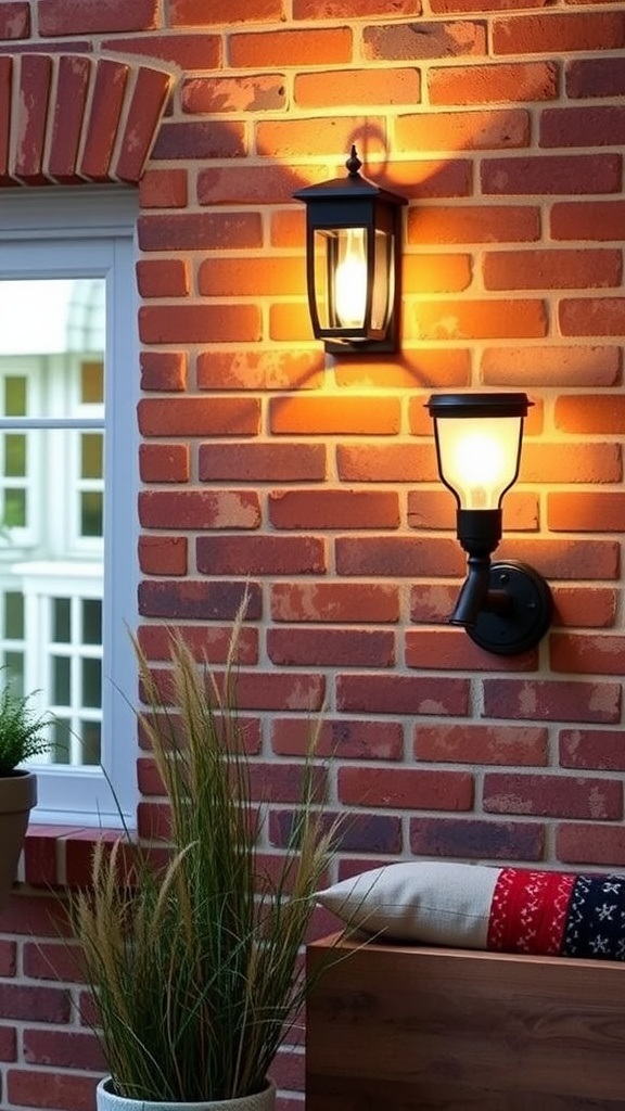 Two wall-mounted solar sconces illuminating a brick wall, showcasing their warm light.