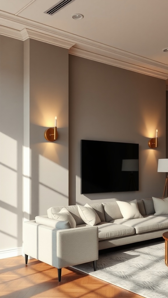 A living room with modern wall sconces illuminating a light wall beside a couch and TV