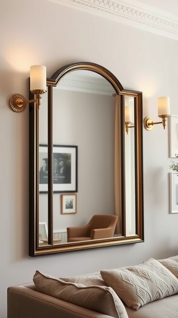 Stylish wall sconces flanking a mirror in an elegant living room setup