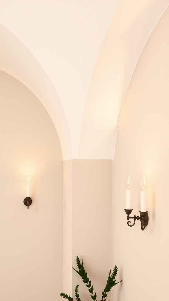 Elegant wall sconces illuminating a soft, neutral wall in a room with vaulted ceilings