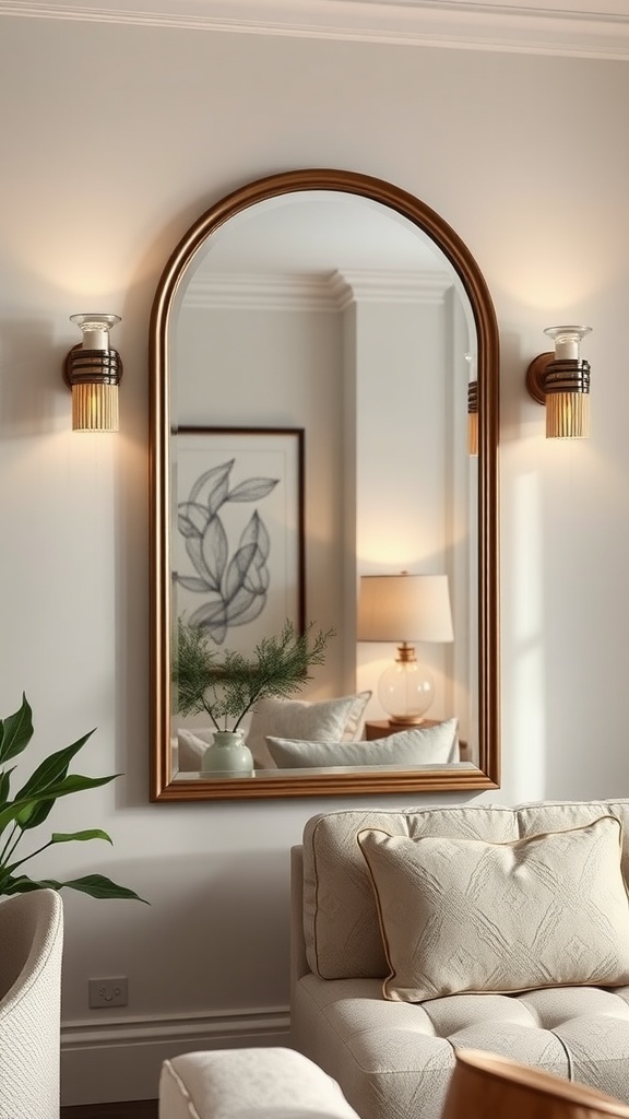 Elegant wall sconces on either side of a mirror in a cozy living room setting.